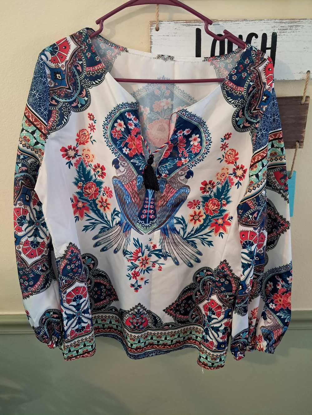 Boho Floral & Bird Print Women's Blouse - White with Navy & Coral Accents